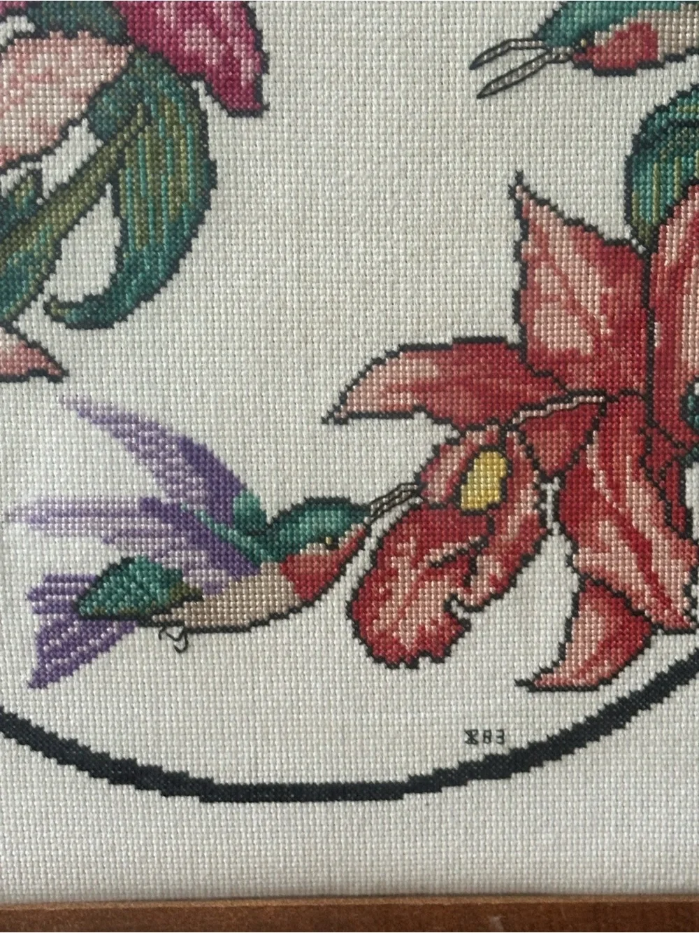 VTG Completed Hummingbird & Orchid Framed Cross Stitch